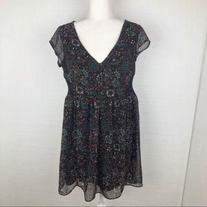 Ecote UO Black Semi-Sheer Floral Chiffon Dress